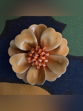 Vintage Enamel Flower Brooch Pin Peach Coral Orange Mod Floral 1960s 70s